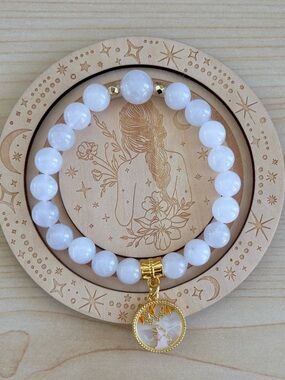 White Jade Beaded Bracelet with Golden Hematite & Bunny Rabbit Charm